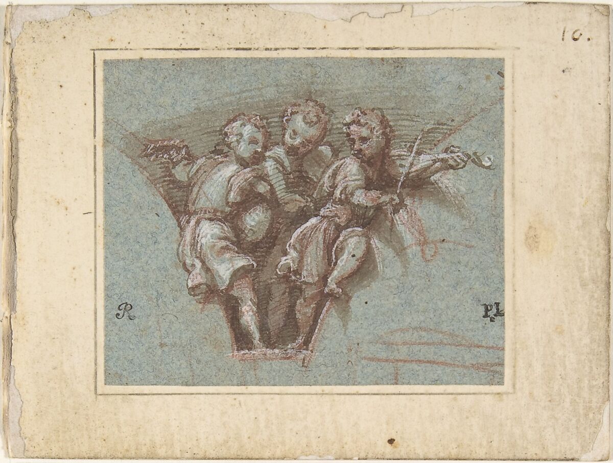 Design for a Pendentive:  Youthful Musicians with Stringed Instruments, Pomponio Amalteo  Italian, Pen and brown ink, brush and brown wash, highlighted with white, over red chalk, on blue paper