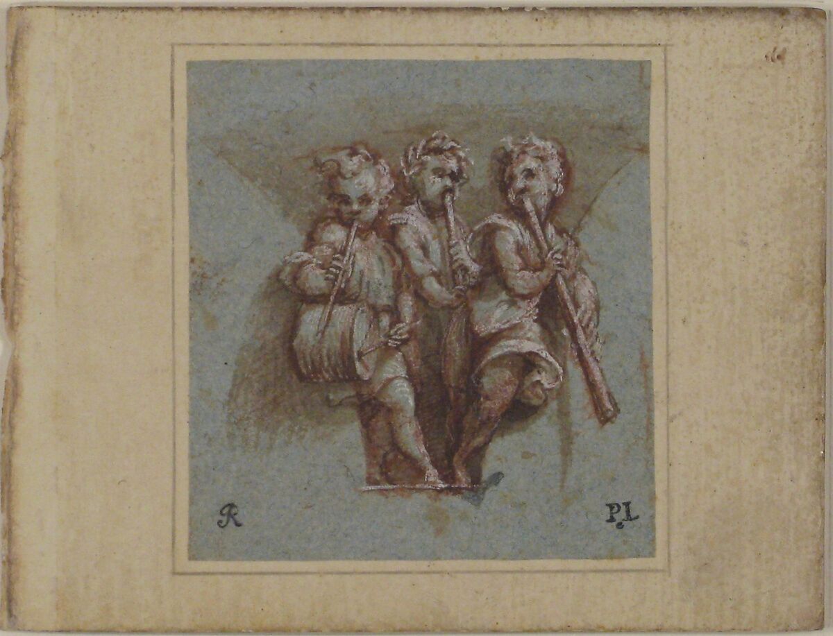 Design for a Pendentive:  Youthful Musicians with Wind Instruments and a Drum, Pomponio Amalteo (Italian, Molta di Livenza 1505–1588 San Vito al Tagliamento), Pen and brown ink, brush and brown wash, highlighted with white, over red chalk, on blue paper