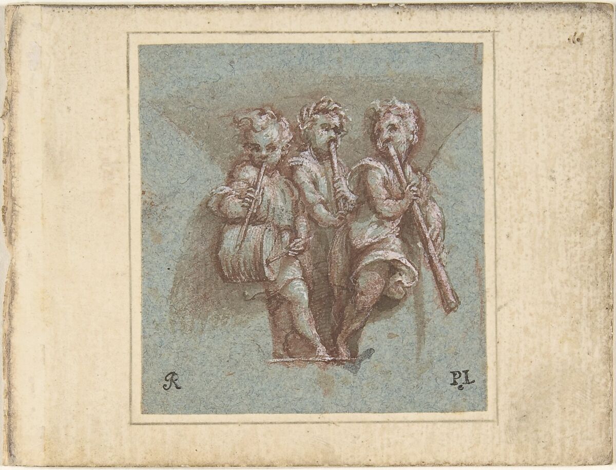 Design for a Pendentive:  Youthful Musicians with Wind Instruments and a Drum, Pomponio Amalteo (Italian, Molta di Livenza 1505–1588 San Vito al Tagliamento), Pen and brown ink, brush and brown wash, highlighted with white, over red chalk, on blue paper 