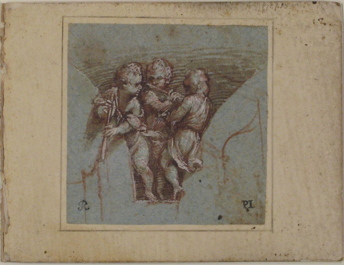 Design for a Pendentive:  Youthful Musicians with Wind Instruments, Pomponio Amalteo (Italian, Molta di Livenza 1505–1588 San Vito al Tagliamento), Pen and brown ink, brush and brown wash, highlighted with white, over red chalk, on blue paper