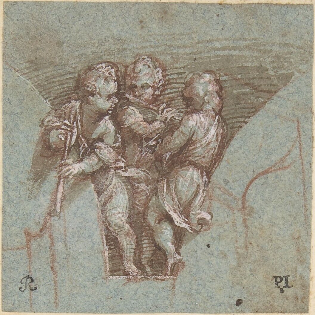 Design for a Pendentive:  Youthful Musicians with Wind Instruments, Pomponio Amalteo  Italian, Pen and brown ink, brush and brown wash, highlighted with white, over red chalk, on blue paper