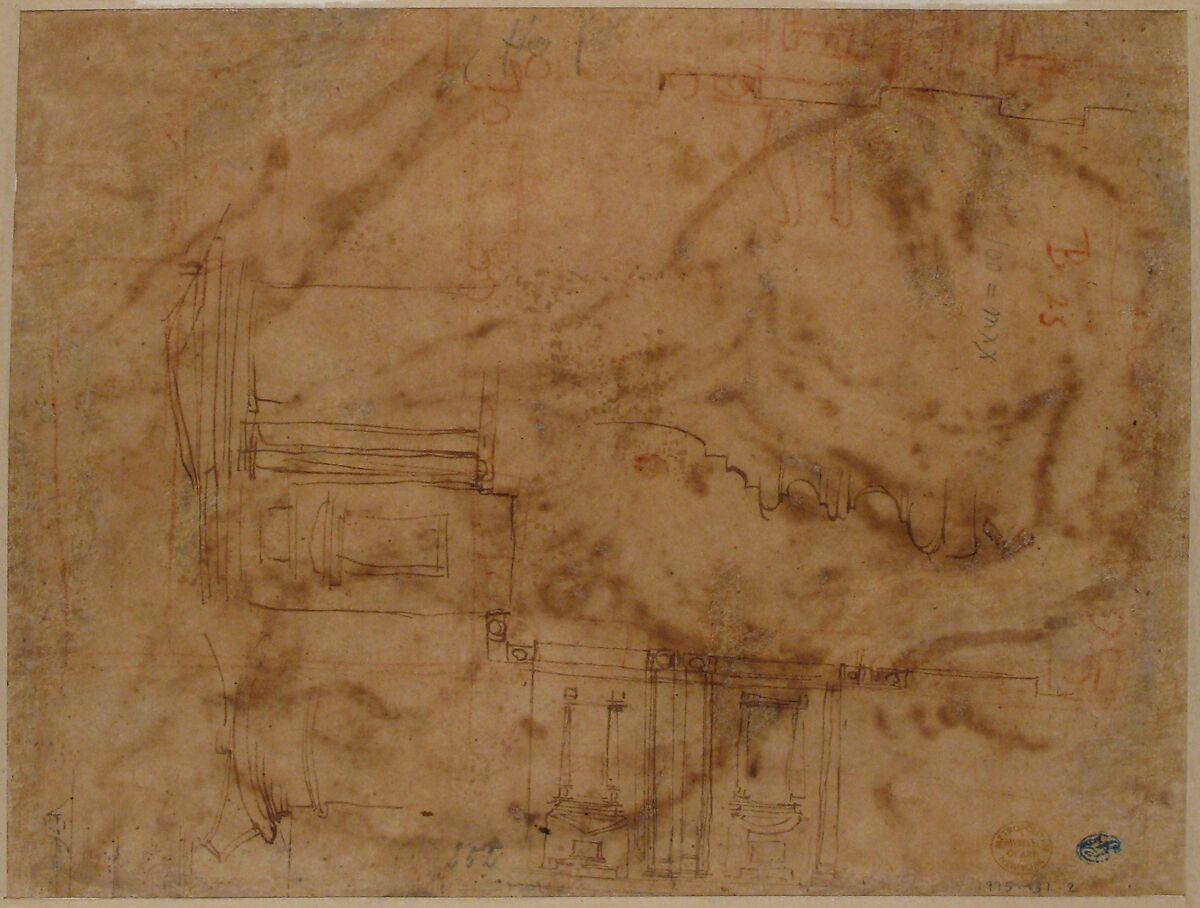 A River God (recto); Sketches for the Vestibule of the Laurenziana, Florence (verso), Bartolomeo Ammanati (Ammannati) (Italian, Settignano near Florence 1511–1592 Florence), Pen and brown ink (recto); Pen and brown ink, with red chalk (verso)