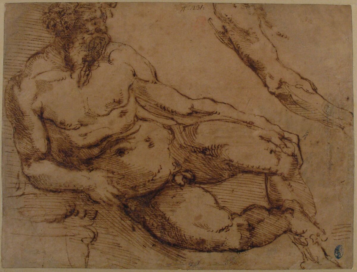 A River God (recto); Sketches for the Vestibule of the Laurenziana, Florence (verso), Bartolomeo Ammanati (Ammannati) (Italian, Settignano near Florence 1511–1592 Florence), Pen and brown ink (recto); Pen and brown ink, with red chalk (verso)