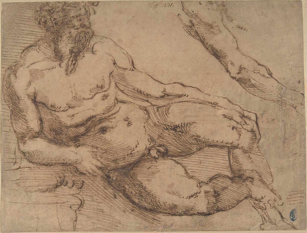 A River God (recto); Sketches for the Vestibule of the Laurenziana, Florence (verso), Bartolomeo Ammanati (Ammannati) (Italian, Settignano near Florence 1511–1592 Florence), Pen and brown ink (recto); Pen and brown ink, with red chalk (verso) 