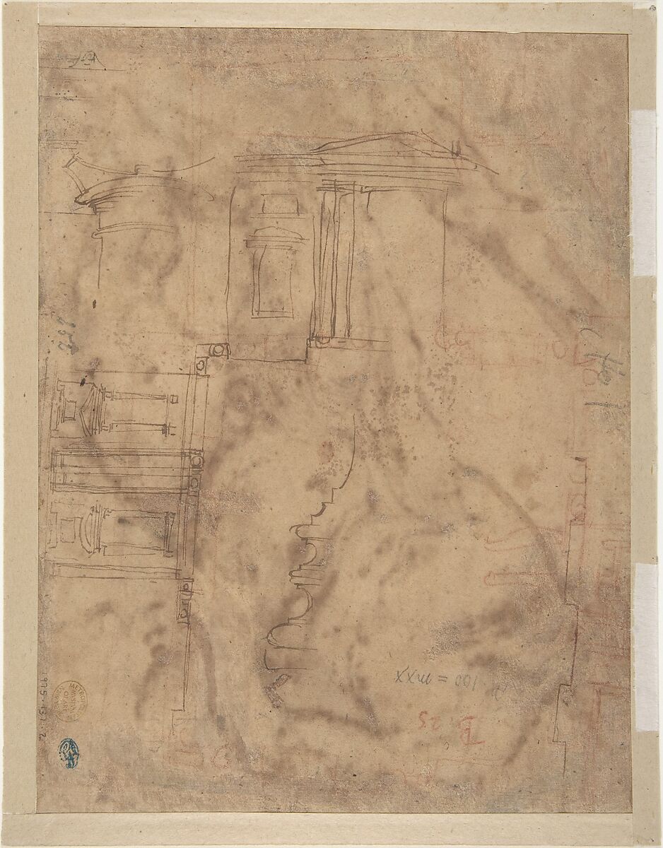 A River God (recto); Sketches for the Vestibule of the Laurenziana, Florence (verso), Bartolomeo Ammanati (Ammannati) (Italian, Settignano near Florence 1511–1592 Florence), Pen and brown ink (recto); Pen and brown ink, with red chalk (verso)