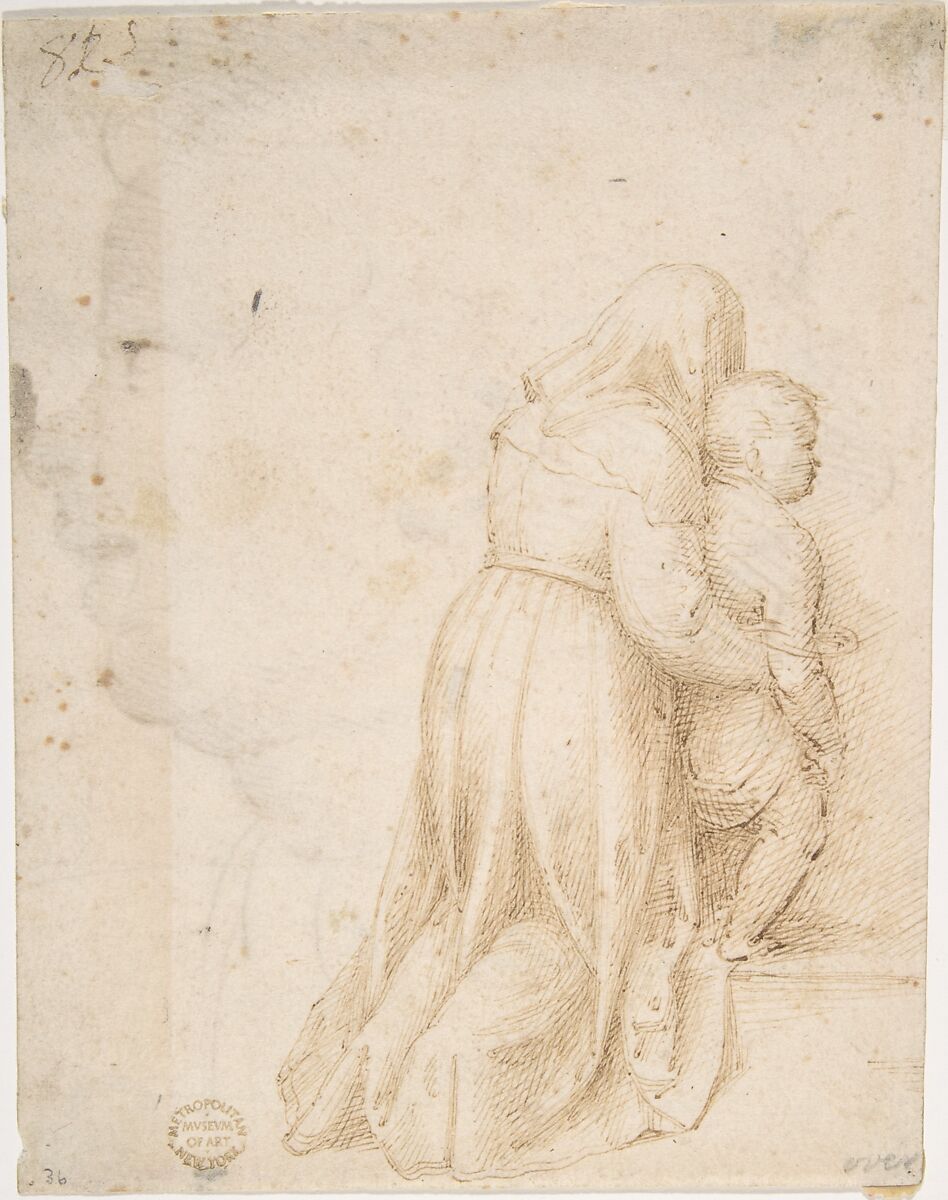 Woman and Child Kneeling (recto); Head of Child (verso), After Andrea del Sarto (Andrea d&#39;Agnolo) (Italian, Florence 1486–1530 Florence), Pen and brown ink (recto and verso) 