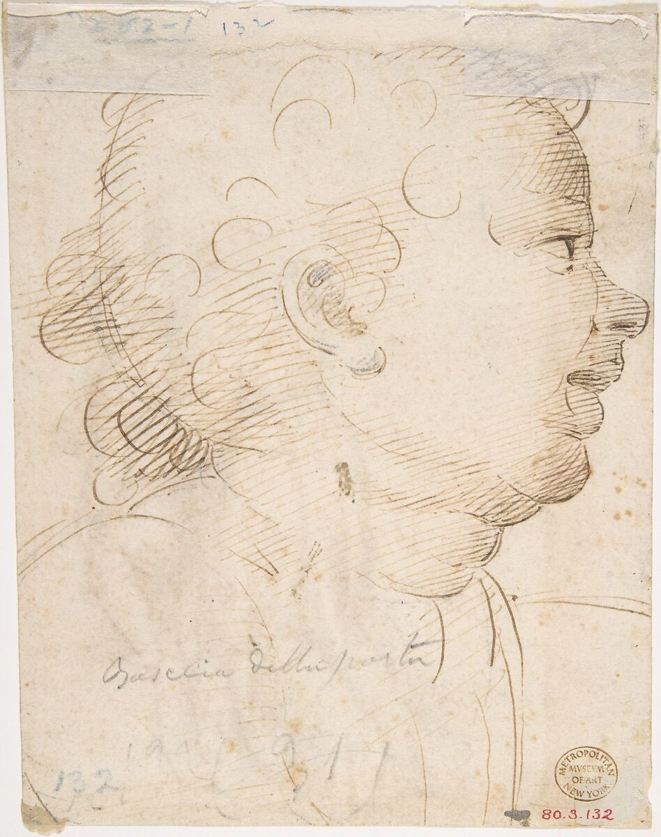 Woman and Child Kneeling (recto); Head of Child (verso), After Andrea del Sarto (Andrea d'Agnolo) (Italian, Florence 1486–1530 Florence), Pen and brown ink (recto and verso)