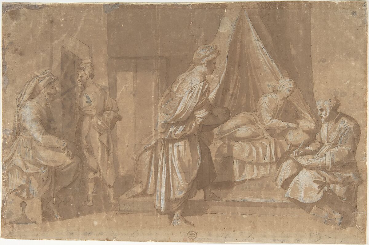 The Birth of Saint John the Baptist, After Andrea del Sarto (Andrea d&#39;Agnolo) (Italian, Florence 1486–1530 Florence), Pen and brown ink, brush and brown wash, highlighted with Chinese white of brown paper 