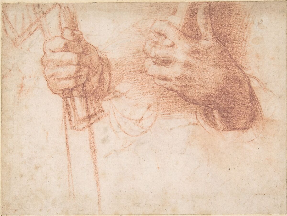 Studies of Hands, Andrea del Sarto (Andrea d&#39;Agnolo) (Italian, Florence 1486–1530 Florence), Red chalk. Lined 