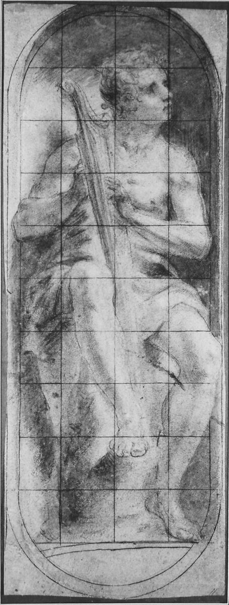 The Young David Playing the Harp, Michelangelo Anselmi (Italian, Siena or Lucca (?) 1492–1556 Parma), Black chalk, brush and gray wash, on blue paper; squared in pen and brown ink