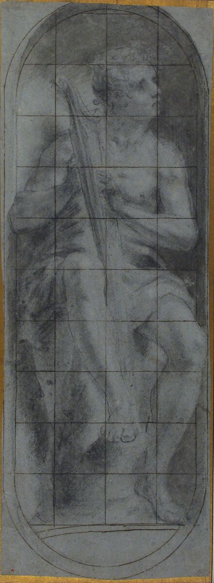 The Young David Playing the Harp, Michelangelo Anselmi (Italian, Siena or Lucca (?) 1492–1556 Parma), Black chalk, brush and gray wash, on blue paper; squared in pen and brown ink