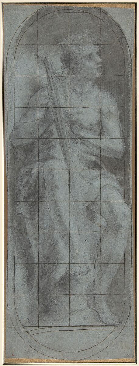 The Young David Playing the Harp, Michelangelo Anselmi  Italian, Black chalk, brush and gray wash, on blue paper; squared in pen and brown ink