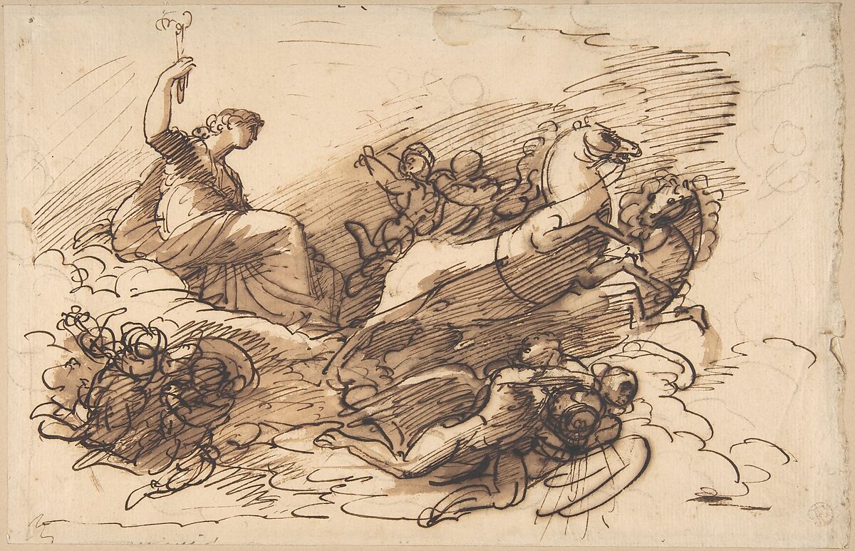 Aurora Riding in Her Chariot, Andrea Appiani (Italian, Milan 1754–1817 Milan), Pen and brown ink, brush and brown wash, over black chalk 