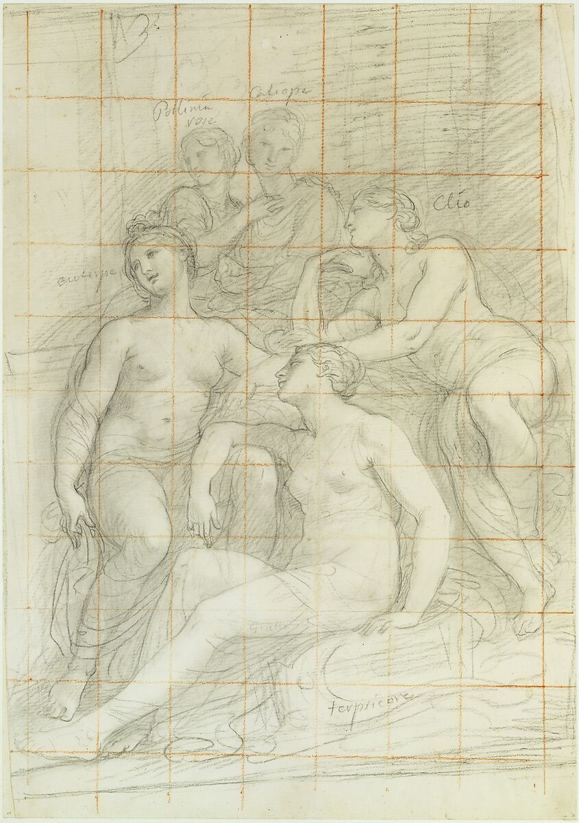 The Muses Euterpe, Polyhymnia, Calliope, Clio, and Terpsichore (recto); Sketch of a Sleeping Child (verso), Andrea Appiani (Italian, Milan 1754–1817 Milan), Black chalk (recto); black chalk (verso); squared in red chalk