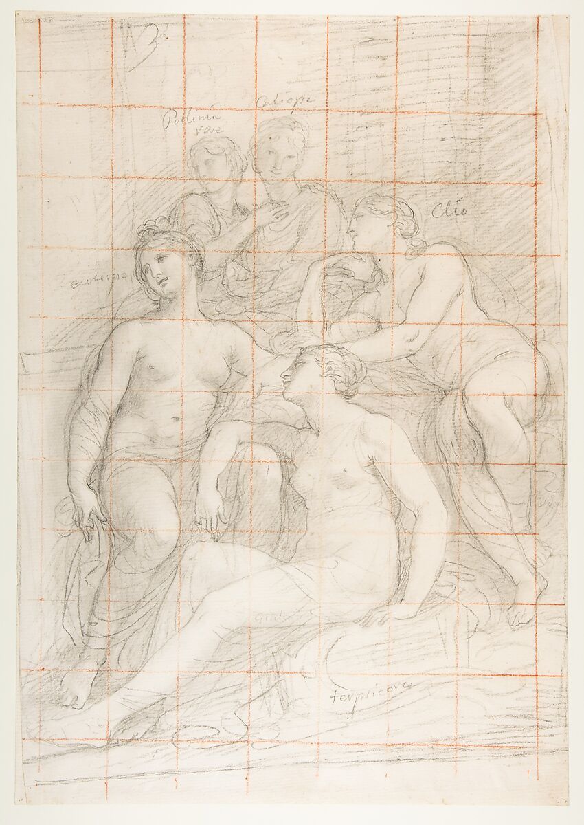 The Muses Euterpe, Polyhymnia, Calliope, Clio, and Terpsichore (recto); Sketch of a Sleeping Child (verso), Andrea Appiani (Italian, Milan 1754–1817 Milan), Black chalk, squared in red chalk. Verse: black chalk sketch of a sleeping child. 