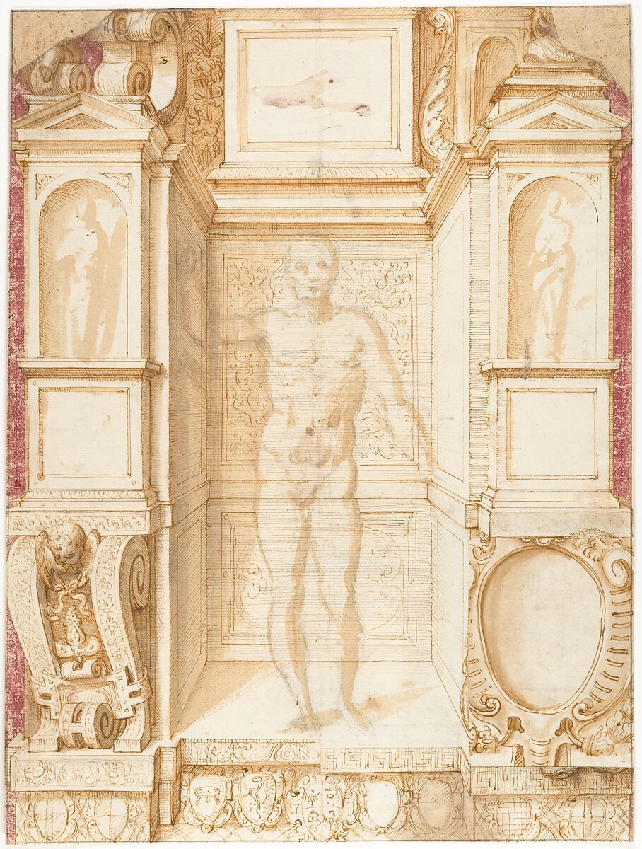 Study of a Figure in a Niche (Saint Ambrose; recto); Architectural Studies: Four Alternative Designs for Fictive Niches and an Unrelated Design with Garlands (verso), ca. 1560-67, Giuseppe Arcimboldo (Italian, Milan (?) 1527?–1593 Milan), Pen and brown ink, brush with pale brown and purple wash, over soft black chalk (recto); pen and brown ink, some sketches over black chalk (verso)