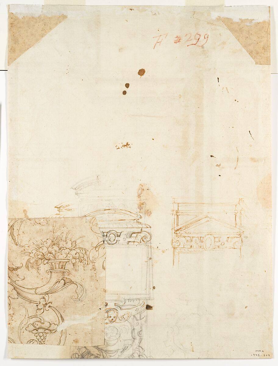Study of a Figure in a Niche (Saint Ambrose; recto); Architectural Studies: Four Alternative Designs for Fictive Niches and an Unrelated Design with Garlands (verso), ca. 1560-67, Giuseppe Arcimboldo (Italian, Milan (?) 1527?–1593 Milan), Pen and brown ink, brush with pale brown and purple wash, over soft black chalk (recto); pen and brown ink, some sketches over black chalk (verso)