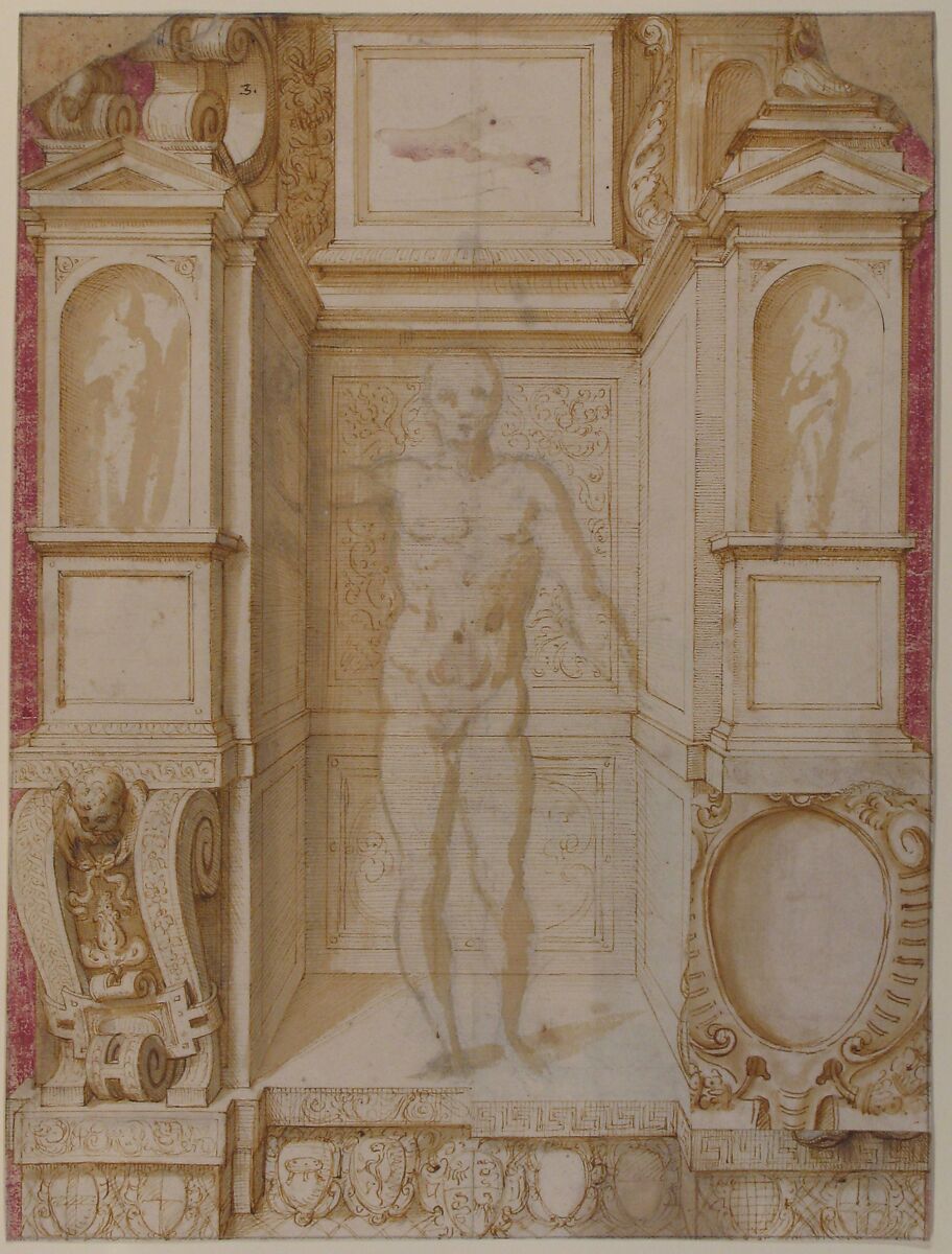 Study of a Figure in a Niche (Saint Ambrose; recto); Architectural Studies: Four Alternative Designs for Fictive Niches and an Unrelated Design with Garlands (verso), ca. 1560-67, Giuseppe Arcimboldo (Italian, Milan (?) 1527?–1593 Milan), Pen and brown ink, brush with pale brown and purple wash, over soft black chalk (recto); pen and brown ink, some sketches over black chalk (verso)