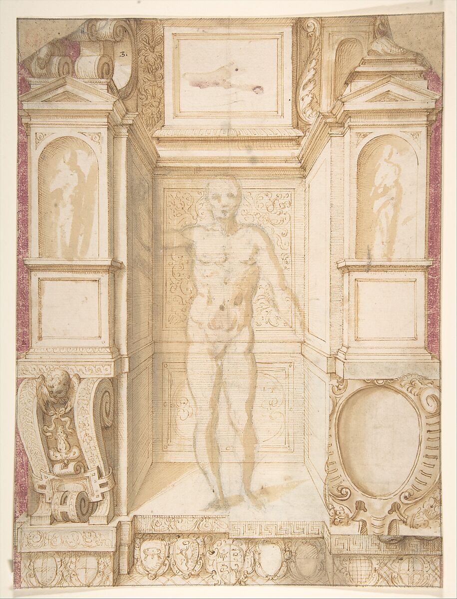 Study of a Figure in a Niche (Saint Ambrose; recto); Architectural Studies: Four Alternative Designs for Fictive Niches and an Unrelated Design with Garlands (verso), ca. 1560-67, Giuseppe Arcimboldo (Italian, Milan (?) 1527?–1593 Milan), Pen and brown ink, brush with pale brown and purple wash, over soft black chalk (recto); pen and brown ink, some sketches over black chalk (verso).  A patch with unrelated drawings by another hand, glued onto the sheet contains a cartouche design seen at lower right of recto, and an ornate garland design seen at lower left of verso 