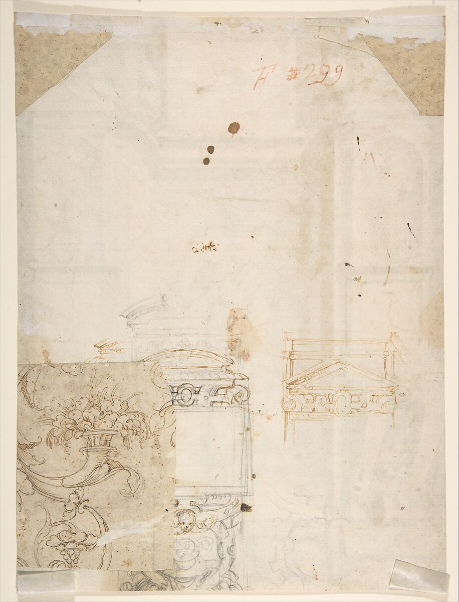 Study of a Figure in a Niche (Saint Ambrose; recto); Architectural Studies: Four Alternative Designs for Fictive Niches and an Unrelated Design with Garlands (verso), ca. 1560-67, Giuseppe Arcimboldo (Italian, Milan (?) 1527?–1593 Milan), Pen and brown ink, brush with pale brown and purple wash, over soft black chalk (recto); pen and brown ink, some sketches over black chalk (verso)