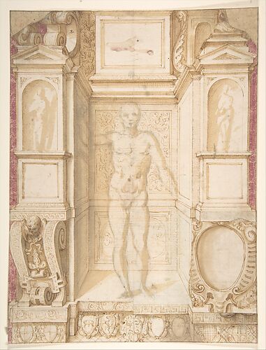 Study of a Figure in a Niche (Saint Ambrose; recto); Architectural Studies: Four Alternative Designs for Fictive Niches and an Unrelated Design with Garlands (verso), ca. 1560-67