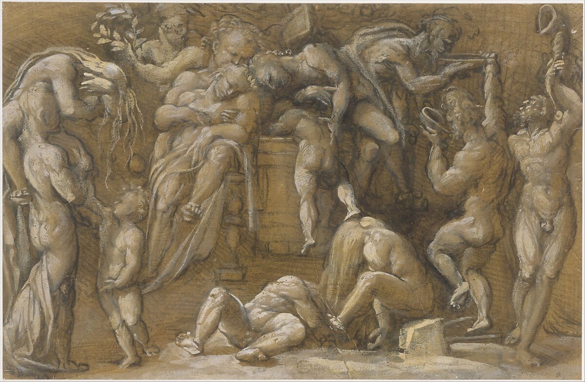 Bacchanalian Scene, Amico Aspertini  Italian, Black chalk, highlighted with white, on brown-washed paper
