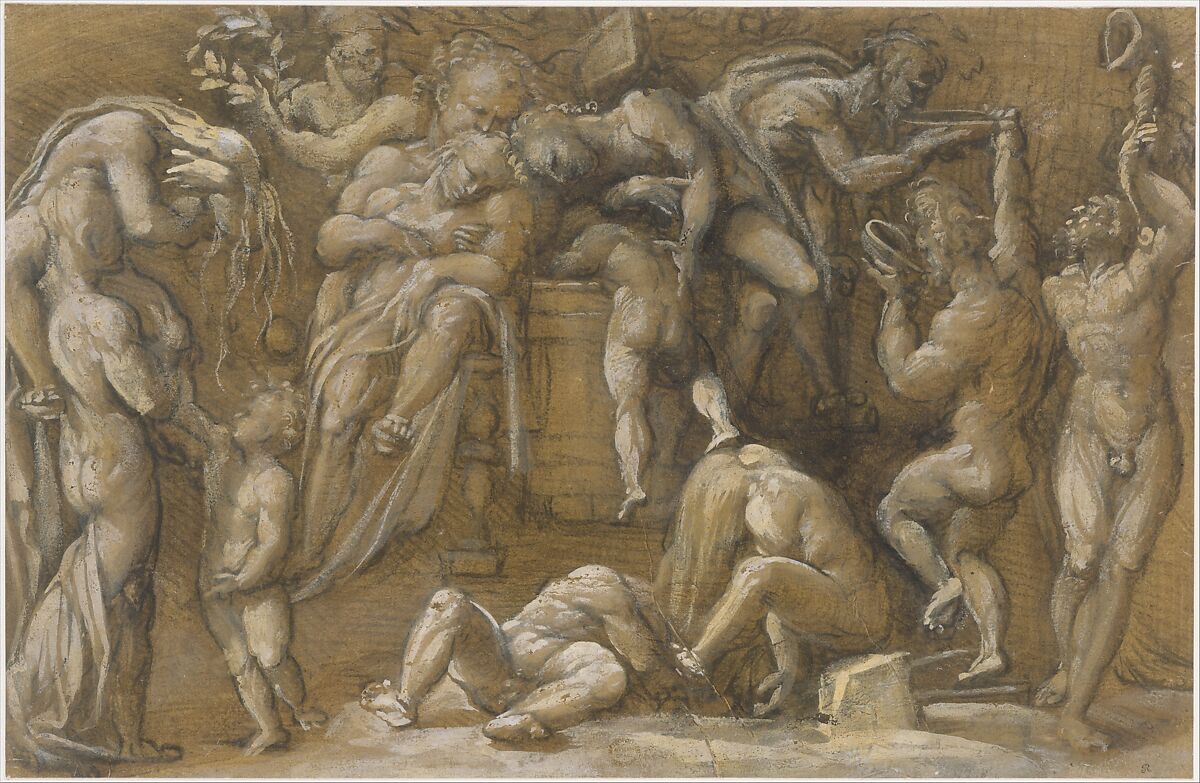 Bacchanalian Scene, Amico Aspertini (Italian, Bologna ca. 1474–1552 Bologna), Black chalk, highlighted with white, on brown-washed paper 