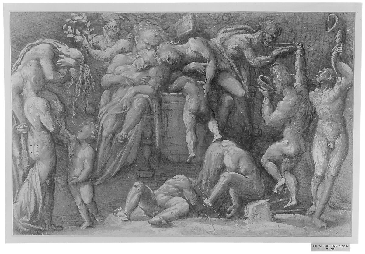 Bacchanalian Scene, Amico Aspertini (Italian, Bologna ca. 1474–1552 Bologna), Black chalk, highlighted with white, on brown-washed paper