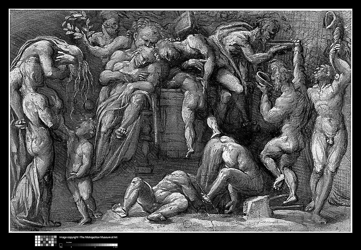 Bacchanalian Scene, Amico Aspertini (Italian, Bologna ca. 1474–1552 Bologna), Black chalk, highlighted with white, on brown-washed paper