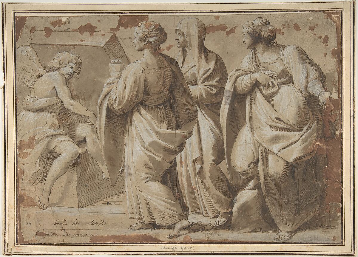 The Holy Women at the Sepulchre, Sisto Badalocchio (Italian, Parma 1585–after 1619 Rome or Parma), Pen and brown ink, brush and brown wash, highlighted with white 