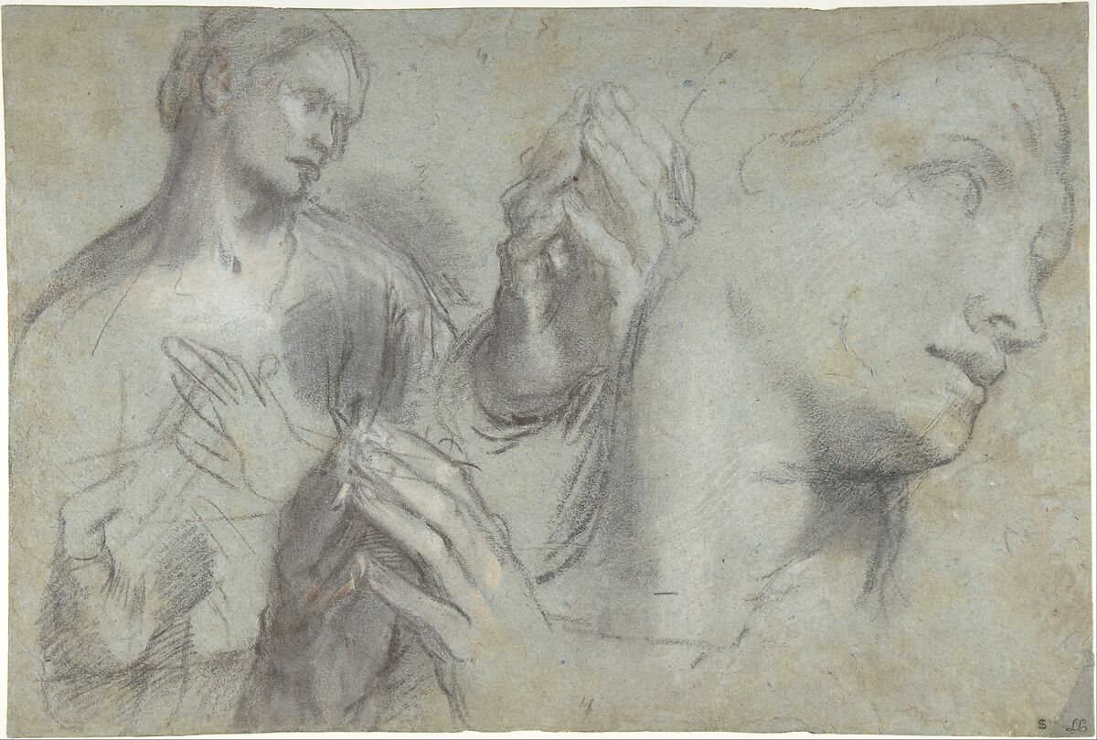 Studies of a Man's Head and of His Hands, Federico Barocci (Italian, Urbino ca. 1535–1612 Urbino), Black chalk, highlighted with white chalk and touches of red chalk, on blue-gray paper 