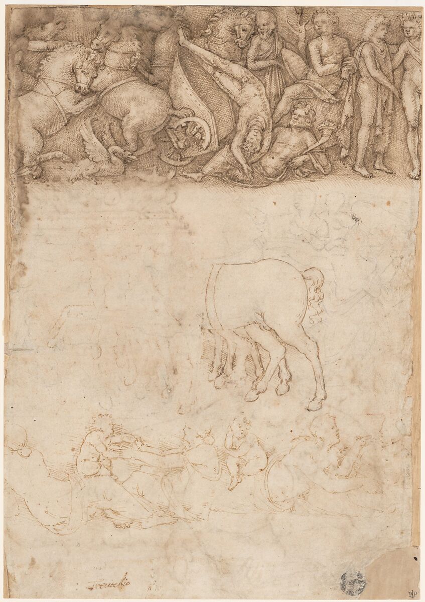 Studies after the Antique: The Fall of Phaëthon, Horses, Reclining Women with Children (recto); Studies after the Antique: An Altar or Urn, Lion Attacking a Horse (verso), Amico Aspertini (Italian, Bologna ca. 1474–1552 Bologna), Black chalk, pen and brown ink (recto); pen and brown ink over traces of black chalk (verso) 