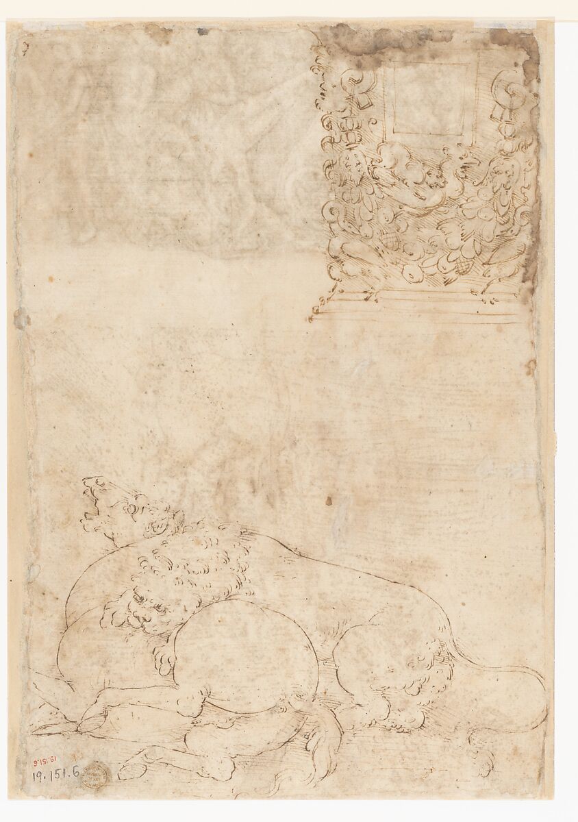 Studies after the Antique: The Fall of Phaëthon, Horses, Reclining Women with Children (recto); Studies after the Antique: An Altar or Urn, Lion Attacking a Horse (verso), Amico Aspertini (Italian, Bologna ca. 1474–1552 Bologna), Black chalk, pen and brown ink (recto); pen and brown ink over traces of black chalk (verso)