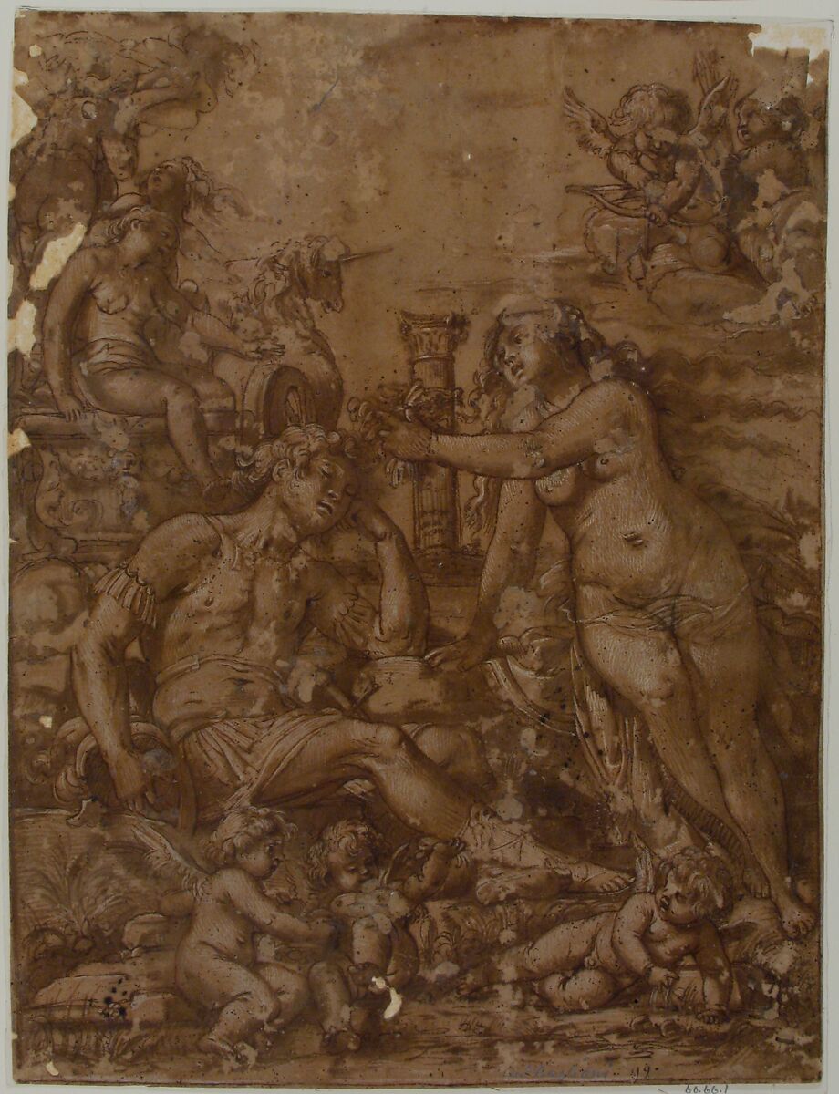 Rinaldo and Armida, Giovanni Baglione (Italian, Rome 1566–1643 Rome), Pen and brown ink, brush and brown wash, highlighted with white, on brownish paper