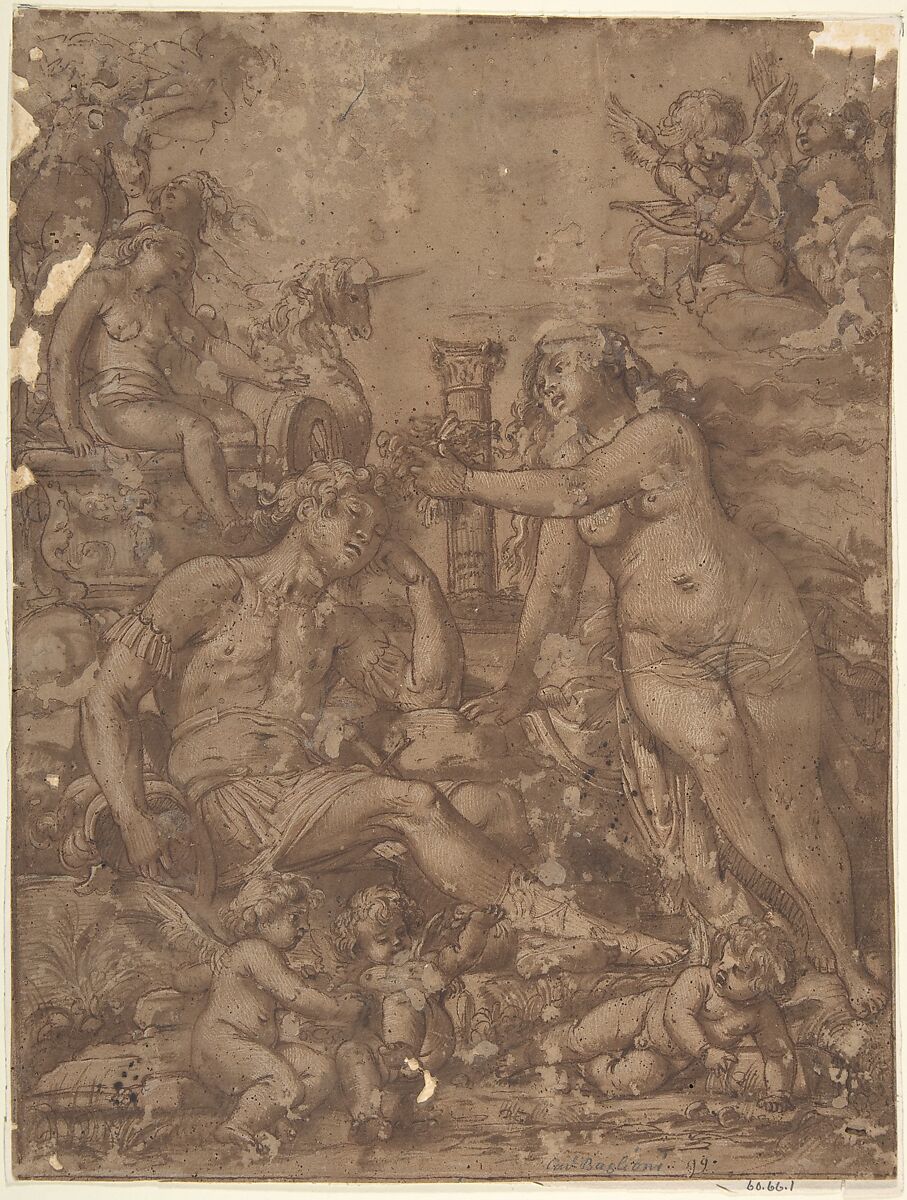 Rinaldo and Armida, Giovanni Baglione (Italian, Rome 1566–1643 Rome), Pen and brown ink, brush and brown wash, highlighted with white, on brownish paper 