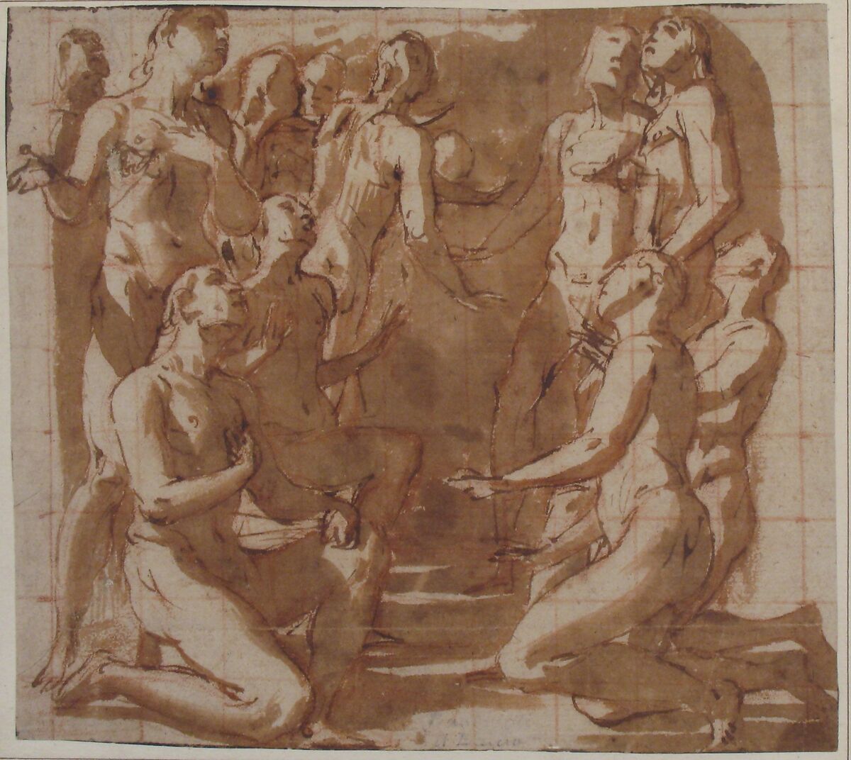 Group of Nude Male Figures Kneeling and Standing in Supplication, Giovanni Baglione (Italian, Rome 1566–1643 Rome), Pen and brown ink, brush and brown wash; squared in red chalk