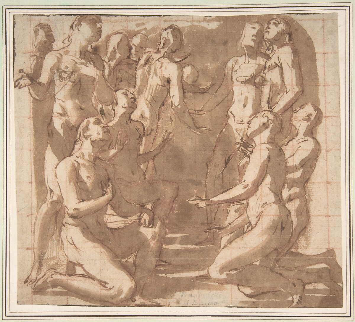 Group of Nude Male Figures Kneeling and Standing in Supplication, Giovanni Baglione (Italian, Rome 1566–1643 Rome), Pen and brown ink, brush and brown wash; squared in red chalk 