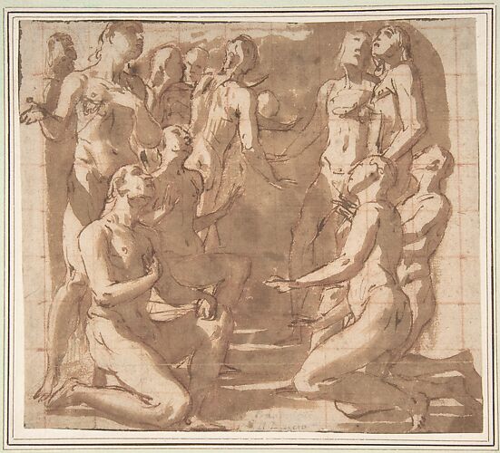 Group of Nude Male Figures Kneeling and Standing in Supplication