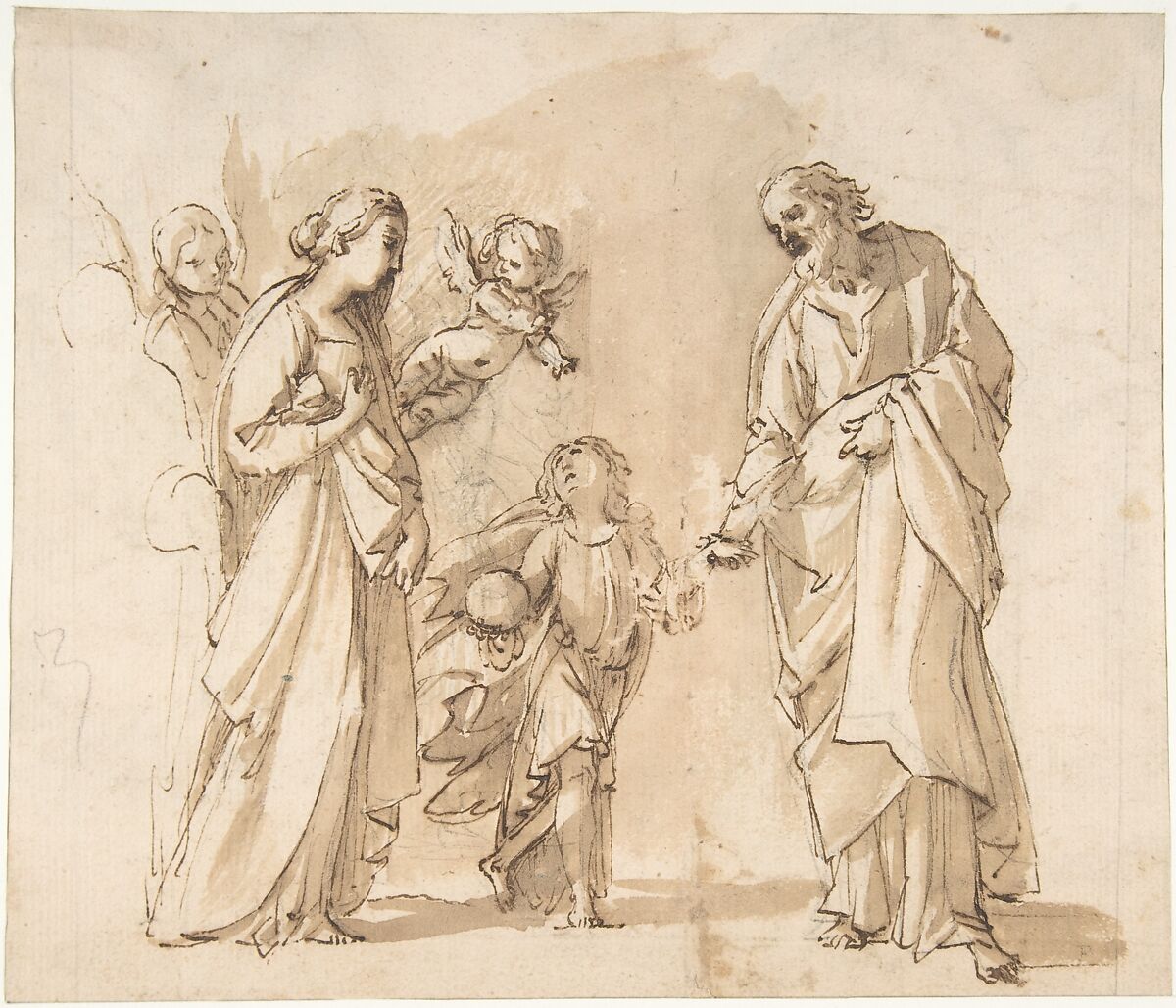 Return of the Holy Family from Egypt (recto); Studies for the Return from Egypt (verso), Giovanni Baglione (Italian, Rome 1566–1643 Rome), Pen and brown ink, brush and brown wash, over black chalk (recto and verso) 