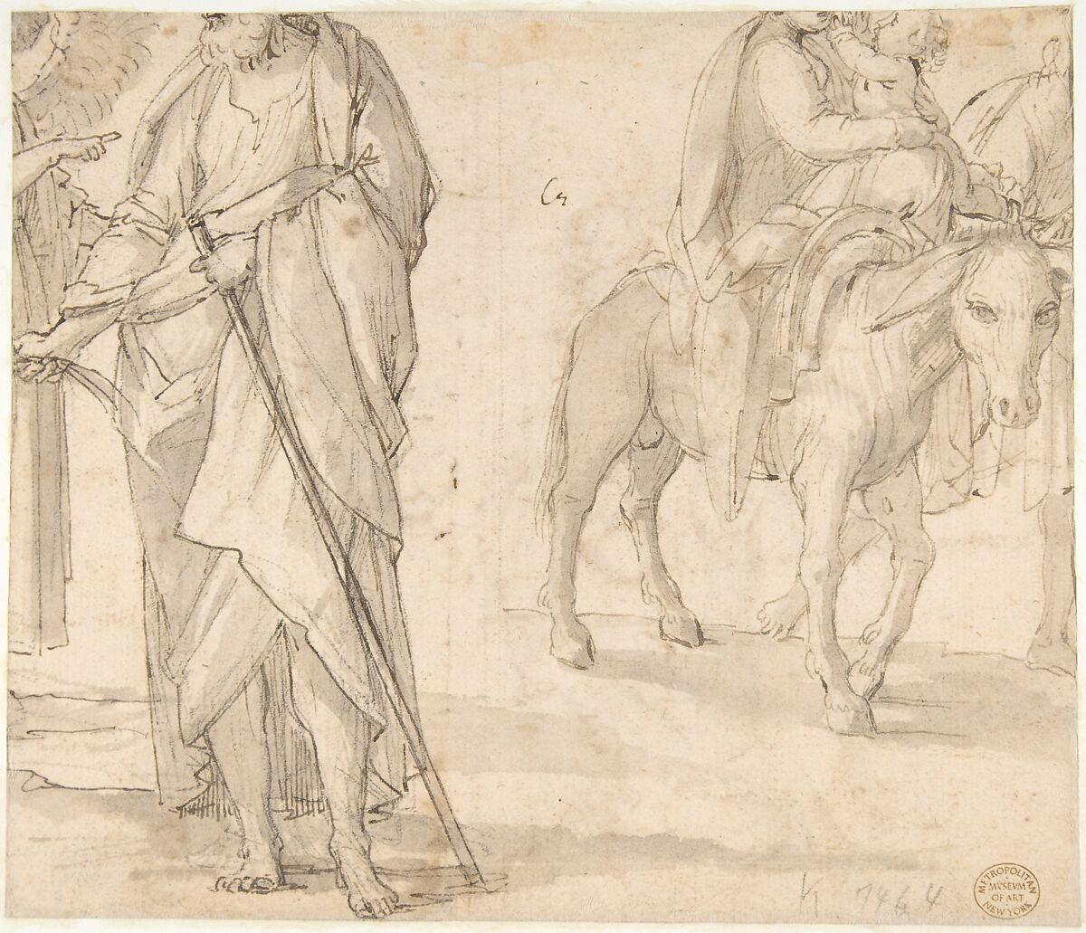 Return of the Holy Family from Egypt (recto); Studies for the Return from Egypt (verso), Giovanni Baglione (Italian, Rome 1566–1643 Rome), Pen and brown ink, brush and brown wash, over black chalk (recto and verso)