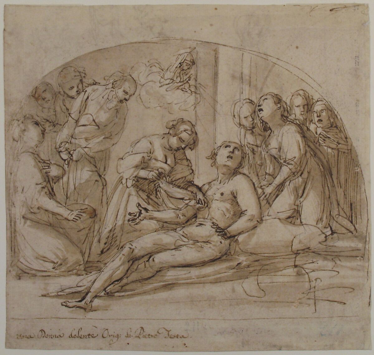 The Emperor Constantine Copronymous Burned by an Invisible Fire (recto); Studies of Sibyls and Angles (verso), Giovanni Baglione (Italian, Rome 1566–1643 Rome), Pen and brown ink, brush and brown wash, over black chalk (recto). Pen and brown ink, over black chalk (verso)