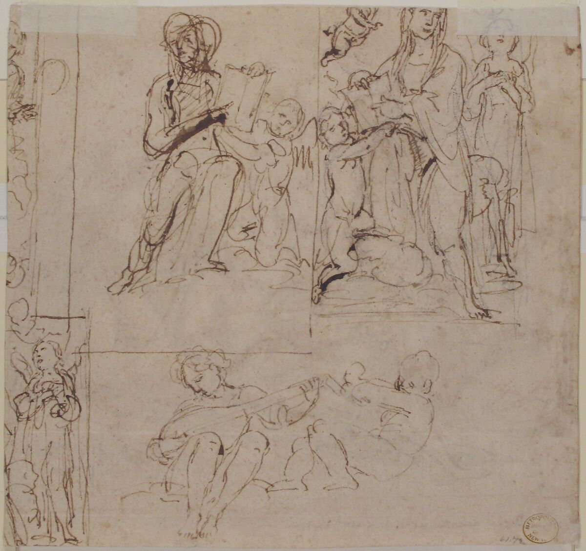 The Emperor Constantine Copronymous Burned by an Invisible Fire (recto); Studies of Sibyls and Angles (verso), Giovanni Baglione (Italian, Rome 1566–1643 Rome), Pen and brown ink, brush and brown wash, over black chalk (recto). Pen and brown ink, over black chalk (verso)