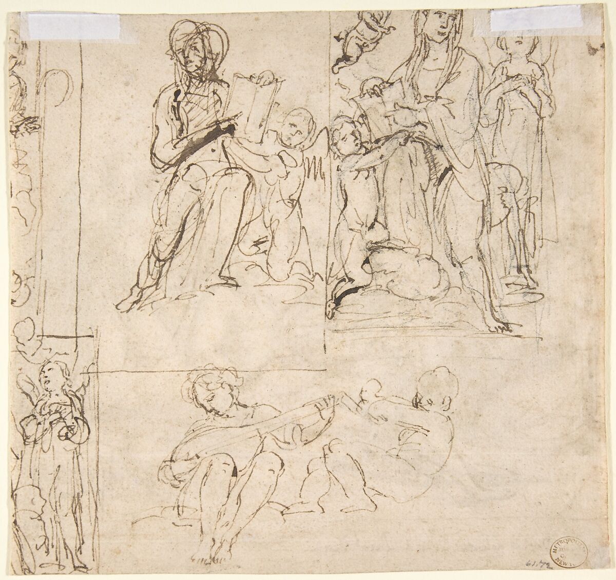 The Emperor Constantine Copronymous Burned by an Invisible Fire (recto); Studies of Sibyls and Angles (verso), Giovanni Baglione (Italian, Rome 1566–1643 Rome), Pen and brown ink, brush and brown wash, over black chalk (recto). Pen and brown ink, over black chalk (verso)