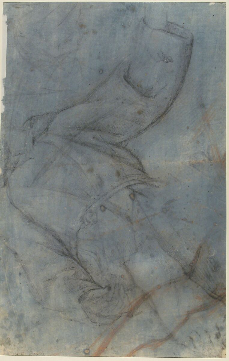 Study for a Three-Quarter-Length Portrait of a Gentleman (recto), Study of a Clothed Figure and a Foot (verso), Mario Balassi (Italian, Florence 1605–1667 Florence), Red chalk, highlighted with white gouache, on red-washed paper (recto); black chalk studies of drapery which is washed in blue (verso)