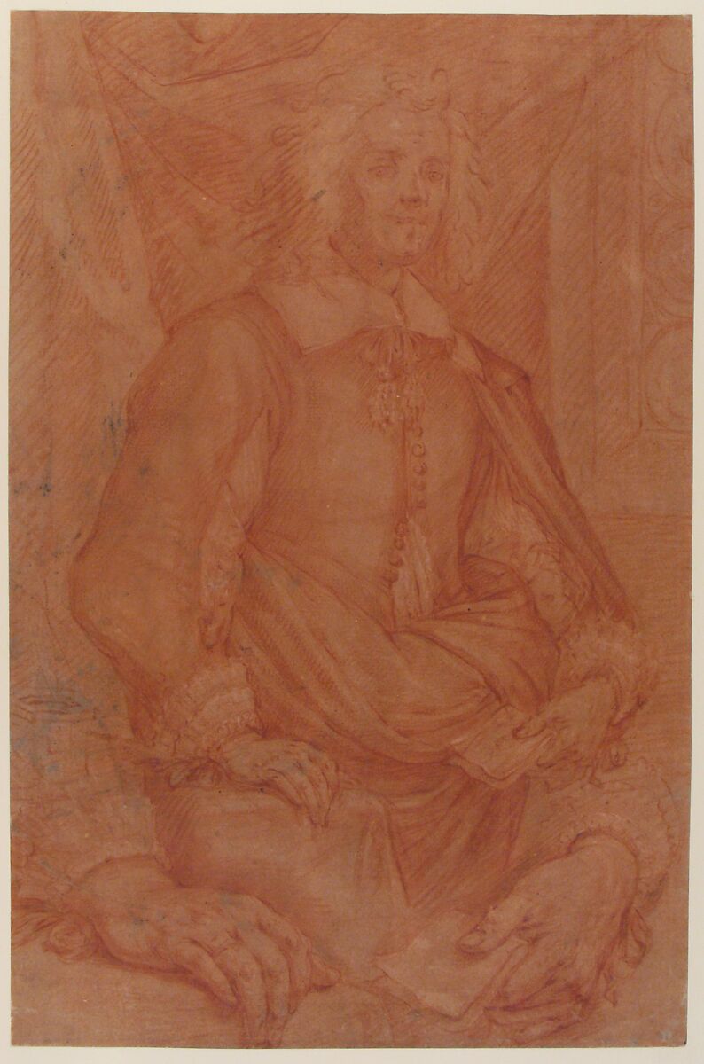Study for a Three-Quarter-Length Portrait of a Gentleman (recto), Study of a Clothed Figure and a Foot (verso), Mario Balassi (Italian, Florence 1605–1667 Florence), Red chalk, highlighted with white gouache, on red-washed paper (recto); black chalk studies of drapery which is washed in blue (verso)