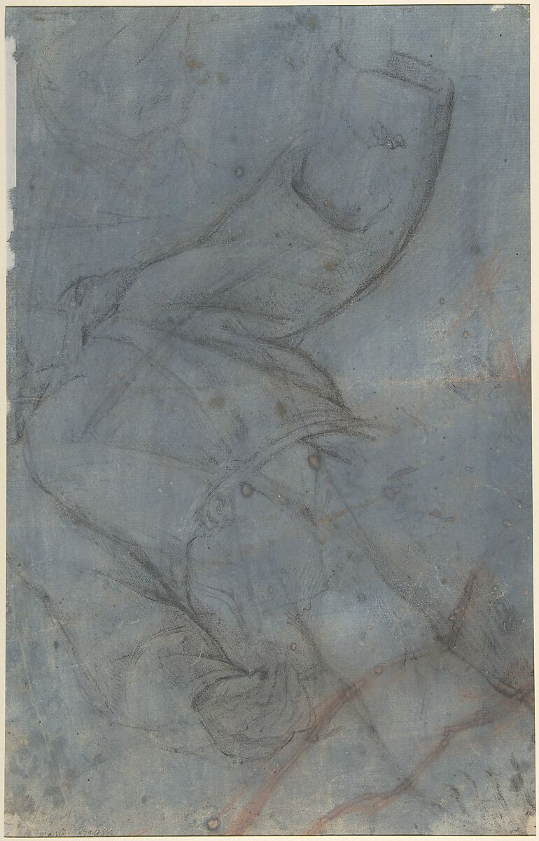 Study for a Three-Quarter-Length Portrait of a Gentleman (recto), Study of a Clothed Figure and a Foot (verso), Mario Balassi (Italian, Florence 1605–1667 Florence), Red chalk, highlighted with white gouache, on red-washed paper (recto); black chalk studies of drapery which is washed in blue (verso)