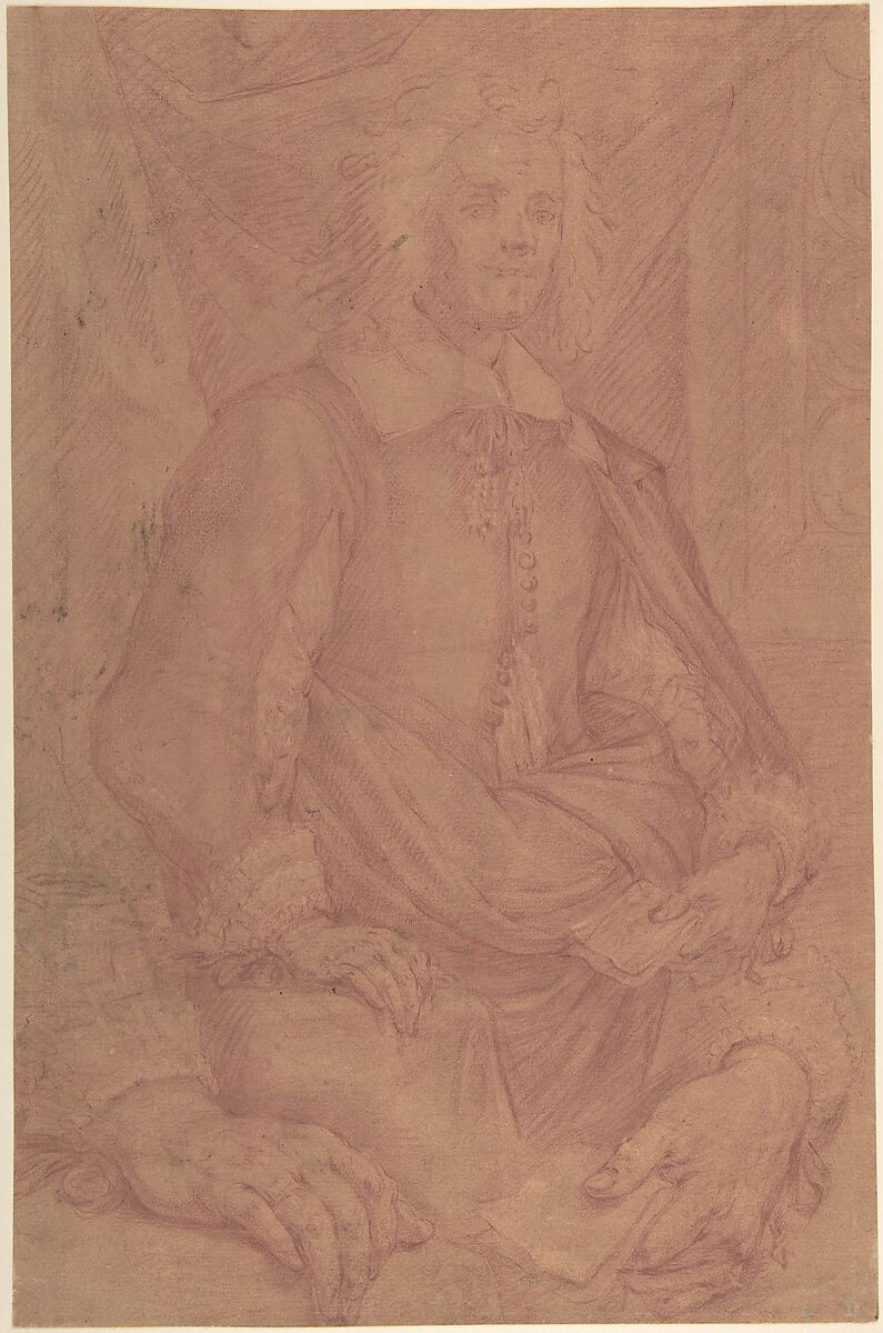 Study for a Three-Quarter-Length Portrait of a Gentleman (recto), Study of a Clothed Figure and a Foot (verso), Mario Balassi (Italian, Florence 1605–1667 Florence), Red chalk, highlighted with white gouache, on red-washed paper (recto); black chalk studies of drapery which is washed in blue (verso) 