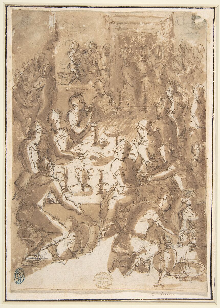 The Feast of Belshazzar (Daniel 5:1-4), attributed to Giovanni Balducci ("Il Cosci") (Italian, Florence 1560–1631 Naples), Pen and brown ink, brush and brown wash, over black chalk 