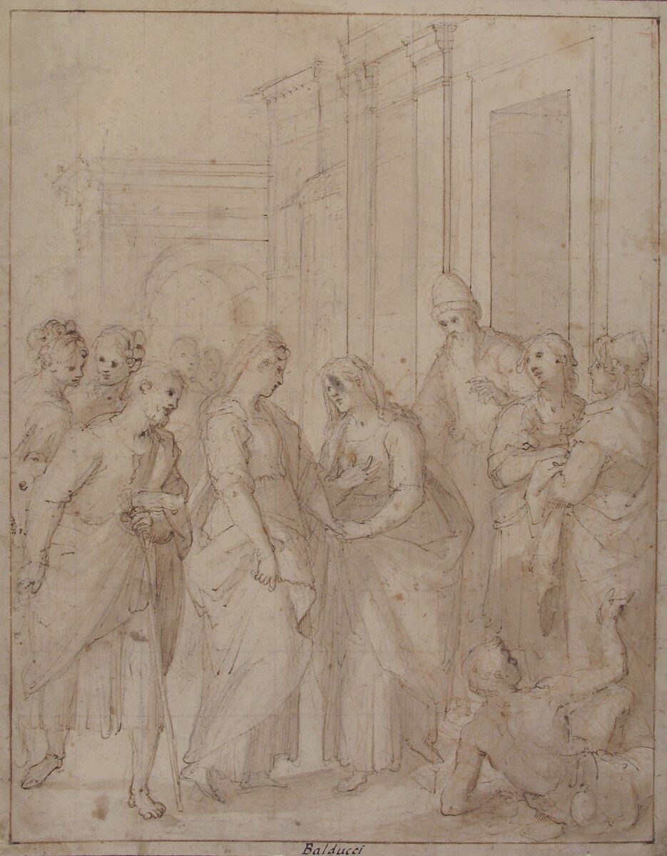 The Visitation of the Virgin to Saint Elizabeth, Giovanni Balducci ("Il Cosci") (Italian, Florence 1560–1631 Naples), Pen and brown ink, brush and pale brown wash, over black and red chalk; framing lines in pen and brown ink, squared lightly in black chalk