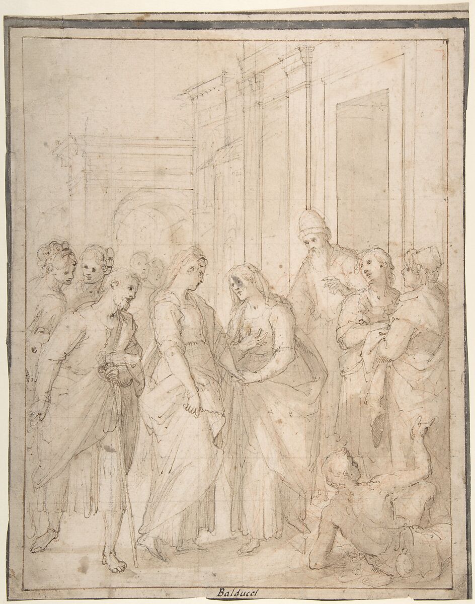 The Visitation of the Virgin to Saint Elizabeth, Giovanni Balducci ("Il Cosci")  Italian, Pen and brown ink, brush and pale brown wash, over black and red chalk; framing lines in pen and brown ink, squared lightly in black chalk